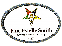 1.5x2.5 Oval Badge with Jeweled Gold or Silver Frame, with Clutch, Pin, or Magnet Back, with Cast Emblem