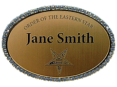1.5x2.5 Oval Badge with Jeweled Gold or Silver Frame, with Clutch, Pin, or Magnet Back