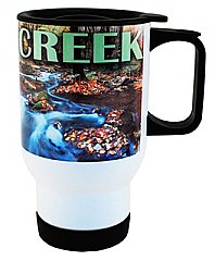 Imprintable White Stainless Steel Travel Mug with C handle and lid