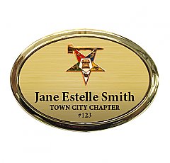 1.5x2.5 Oval Badge with Gold Frame, with Clutch, Pin, or Magnet Back with Cast Emblem