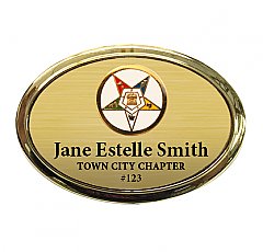 1.5x2.5 Oval Badge with Gold Frame, with Clutch, Pin, or Magnet Back with 7/8 Round Medallion